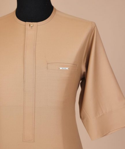 A Tortilla brown, front flap with Swarovski button, 3/4 sleeve African senator kaftan native.