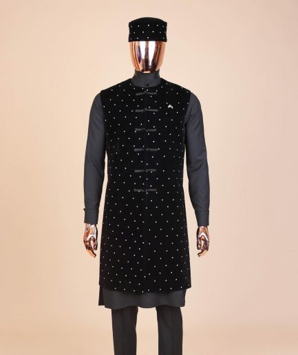 A Charcoal black long sleeve kaftan, Matching velvet jacket , hat and sokoto African traditional senator kaftan native.