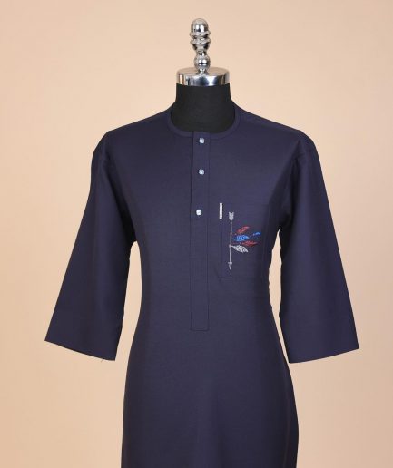 A navy blue, front flap with crystal blue Swarovski button, arrow and floral embroidery 3/4 sleeve African senator kaftan native.