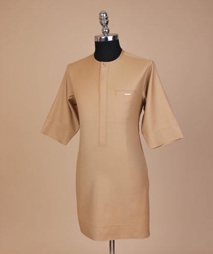 A Tortilla brown, front flap with Swarovski button, 3/4 sleeve African senator kaftan native.