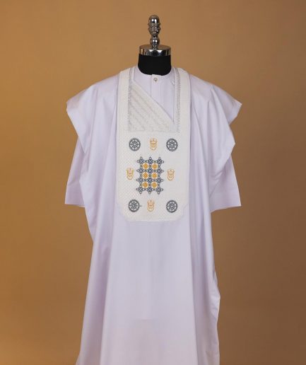 A White, Rings, Merchant Head And Interconnected Star Embroidery Agbada