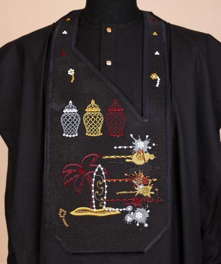 A Charcoal Black, Summer Palm Tree, Pastle Paint Splatter Silver Swarovski Stone Details Agbada