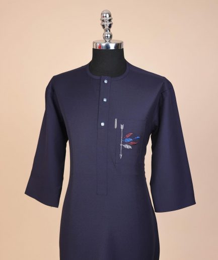 A navy blue, front flap with crystal blue Swarovski button, arrow and floral embroidery 3/4 sleeve African senator kaftan native.