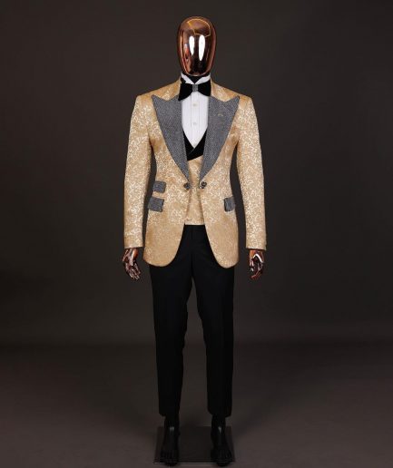 The “Jackson”, Gold Floral, Clear Crystal Trim bling layered peak lapel tuxedo suit