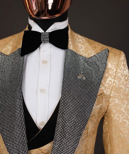 The “Jackson”, Gold Floral, Clear Crystal Trim bling layered peak lapel tuxedo suit