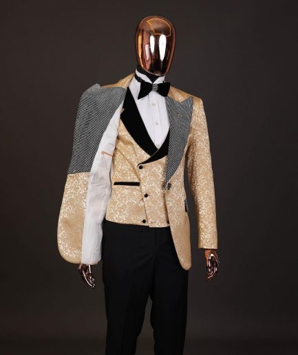 The “Jackson”, Gold Floral, Clear Crystal Trim bling layered peak lapel tuxedo suit