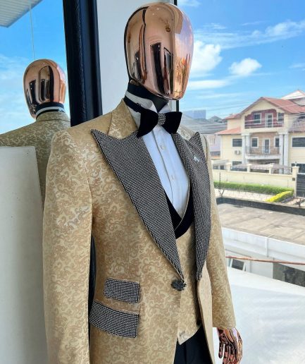 The “Jackson”, Gold Floral, Clear Crystal Trim bling layered peak lapel tuxedo suit