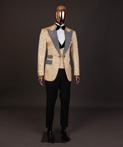 The “Jackson”, Gold Floral, Clear Crystal Trim bling layered peak lapel tuxedo suit