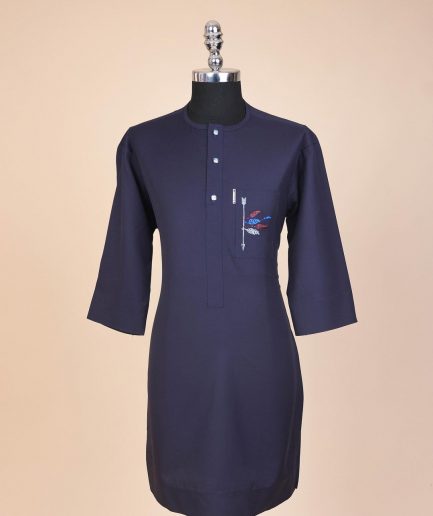A navy blue, front flap with crystal blue Swarovski button, arrow and floral embroidery 3/4 sleeve African senator kaftan native.