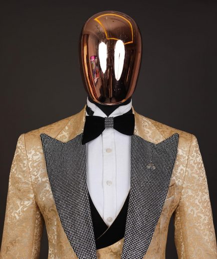 The “Jackson”, Gold Floral, Clear Crystal Trim bling layered peak lapel tuxedo suit