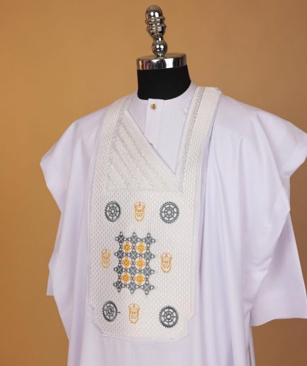 A White, Rings, Merchant Head And Interconnected Star Embroidery Agbada