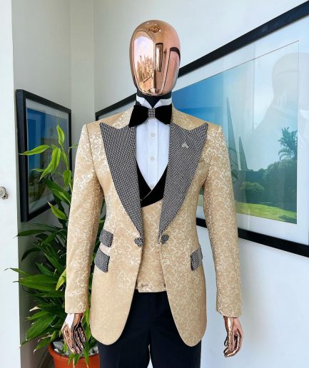 The “Jackson”, Gold Floral, Clear Crystal Trim bling layered peak lapel tuxedo suit