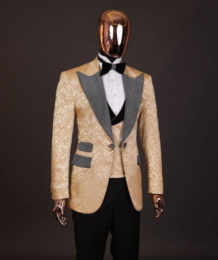 The “Jackson”, Gold Floral, Clear Crystal Trim bling layered peak lapel tuxedo suit