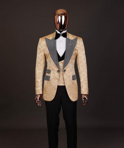 The “Jackson”, Gold Floral, Clear Crystal Trim bling layered peak lapel tuxedo suit