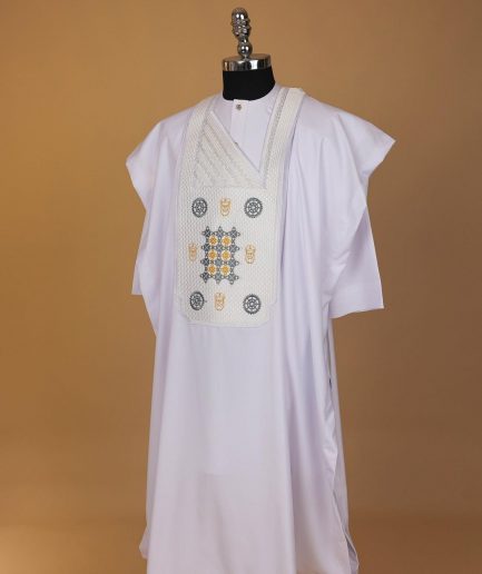 A White, Rings, Merchant Head And Interconnected Star Embroidery Agbada