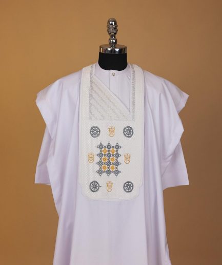A White, Rings, Merchant Head And Interconnected Star Embroidery Agbada