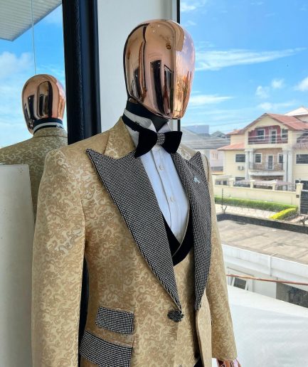 The “Jackson”, Gold Floral, Clear Crystal Trim bling layered peak lapel tuxedo suit