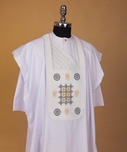 A White, Rings, Merchant Head And Interconnected Star Embroidery Agbada