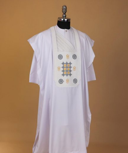 A White, Rings, Merchant Head And Interconnected Star Embroidery Agbada