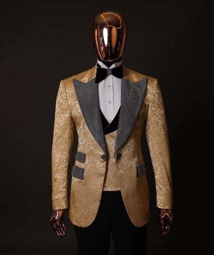 The “Jackson”, Gold Floral, Clear Crystal Trim bling layered peak lapel tuxedo suit