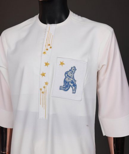An Ivory white, dropping stars and bender knees metallic wire embroidery details agbada