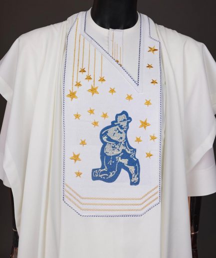 An Ivory white, dropping stars and bender knees metallic wire embroidery details agbada
