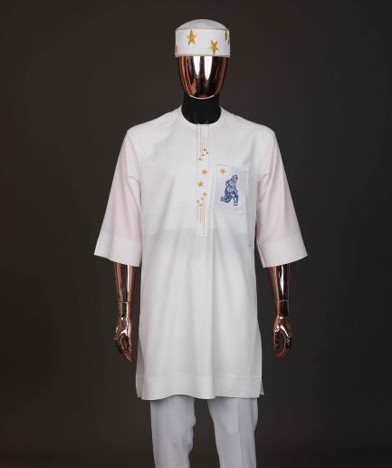 An Ivory white, dropping stars and bender knees metallic wire embroidery details agbada