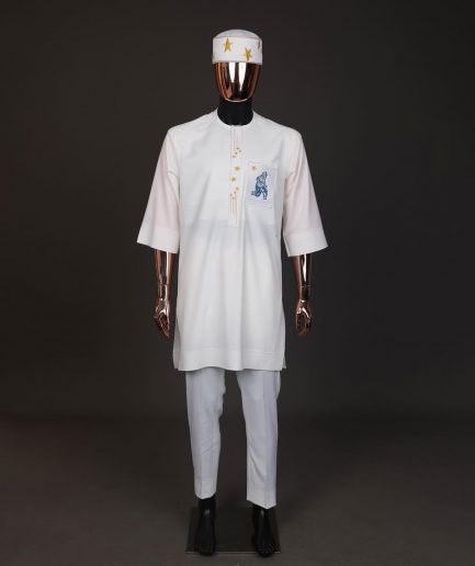 An Ivory white, front flap with dropping star embroidery , 3/4 sleeve African senator kaftan native.