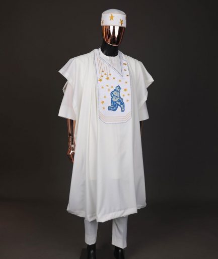 An Ivory white, dropping stars and bender knees metallic wire embroidery details agbada