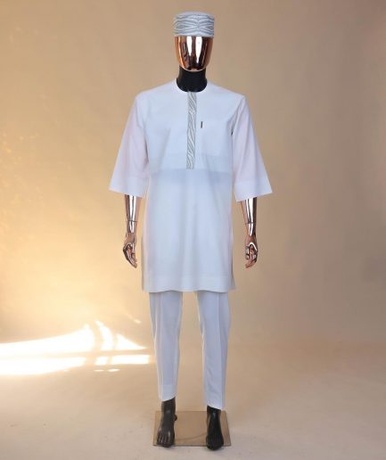 An Ivory white, wavy slide embroidery, 3/4-sleeve African senator kaftan native