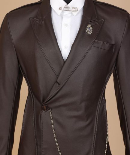 A #Herd” brown leather, knitted & outer layered peak lapel wrap suit
