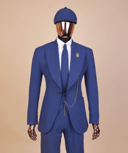 A “peaky blinders” navy blue seersucker fabric knitted peak lapel suit