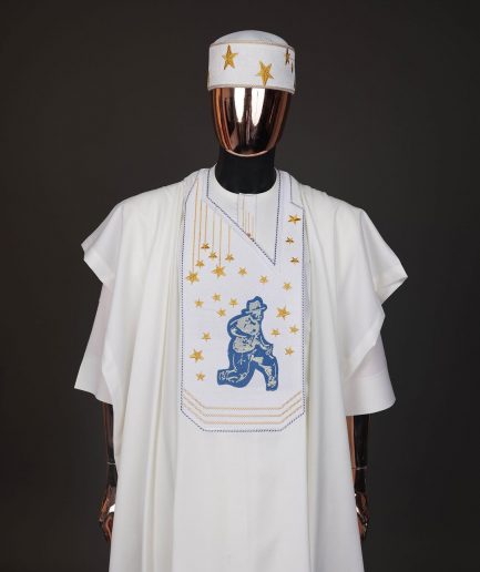 An Ivory white, dropping stars and bender knees metallic wire embroidery details agbada