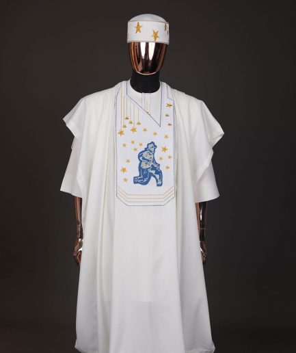 An Ivory white, dropping stars and bender knees metallic wire embroidery details agbada