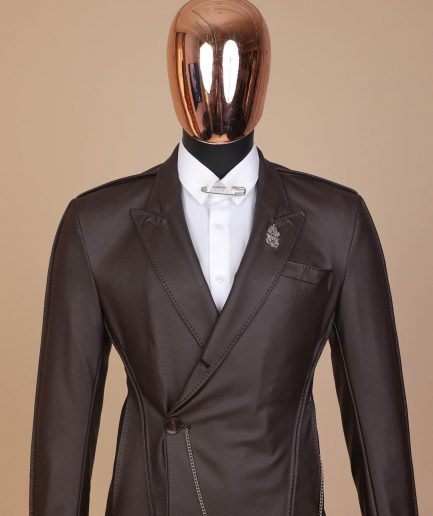A #Herd” brown leather, knitted & outer layered peak lapel wrap suit