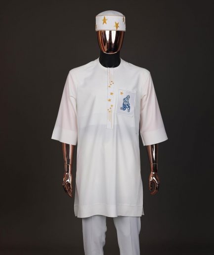An Ivory white, front flap with dropping star embroidery , 3/4 sleeve African senator kaftan native.