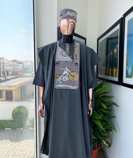 A Grey, bikers element metallic wire embroidery details agbada