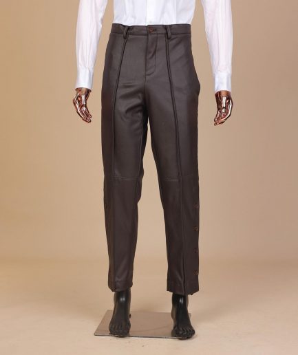 A #Herd” brown leather, knitted & outer layered peak lapel wrap suit