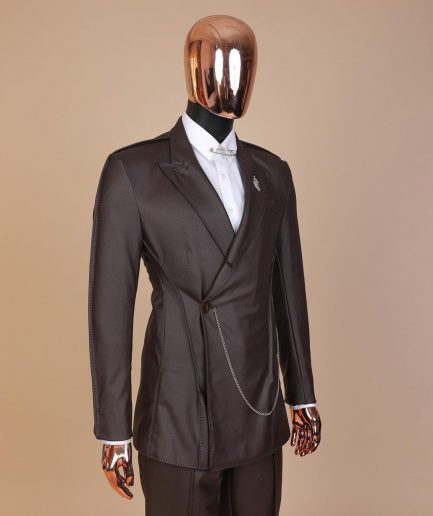 A #Herd” brown leather, knitted & outer layered peak lapel wrap suit