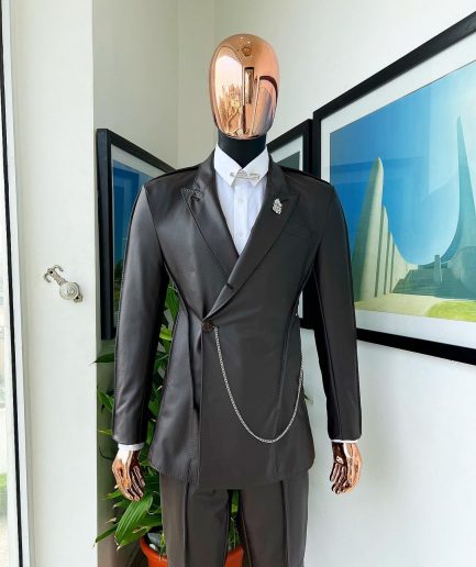 A #Herd” brown leather, knitted & outer layered peak lapel wrap suit
