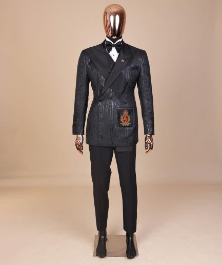 The “Da Vinci” charcoal black, metallic jacquard, single lapel, mid cut intersect strap tuxedo suit.