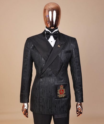 The “Da Vinci” charcoal black, metallic jacquard, single lapel, mid cut intersect strap tuxedo suit.