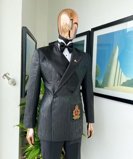 The “Da Vinci” charcoal black, metallic jacquard, single lapel, mid cut intersect strap tuxedo suit.