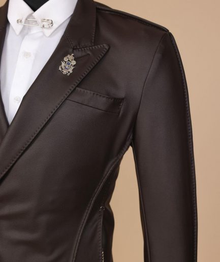 A #Herd” brown leather, knitted & outer layered peak lapel wrap suit