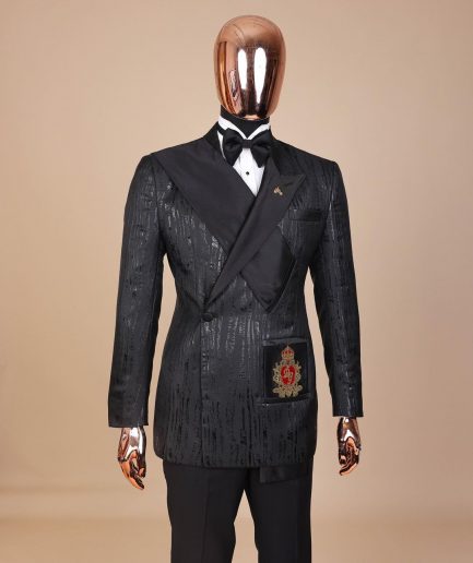 The “Da Vinci” charcoal black, metallic jacquard, single lapel, mid cut intersect strap tuxedo suit.