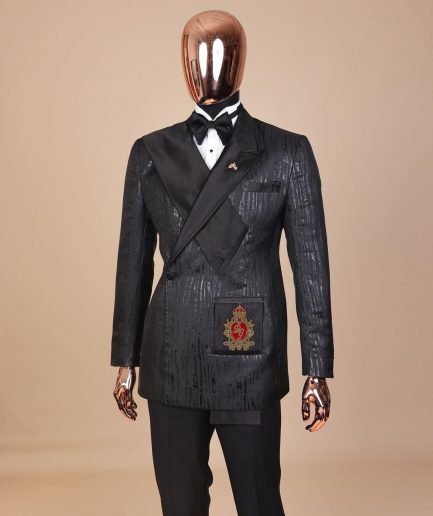 The “Da Vinci” charcoal black, metallic jacquard, single lapel, mid cut intersect strap tuxedo suit.