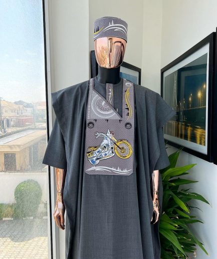 A Grey, bikers element metallic wire embroidery details agbada