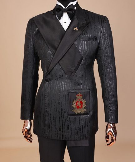 The “Da Vinci” charcoal black, metallic jacquard, single lapel, mid cut intersect strap tuxedo suit.