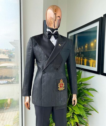 The “Da Vinci” charcoal black, metallic jacquard, single lapel, mid cut intersect strap tuxedo suit.