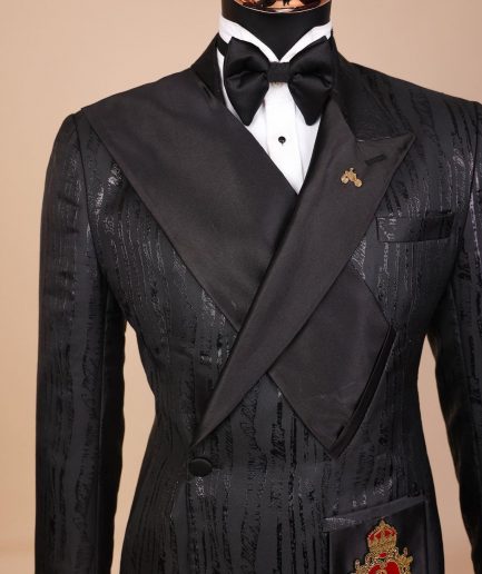 The “Da Vinci” charcoal black, metallic jacquard, single lapel, mid cut intersect strap tuxedo suit.